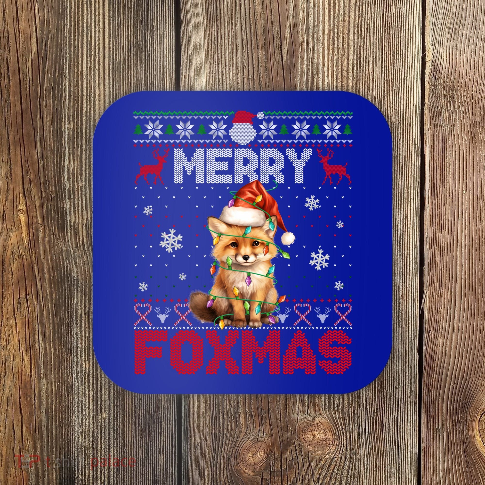 Merry Foxmas Santa Fox Lights Fox Lovers Ugly Xmas Gift Coaster
