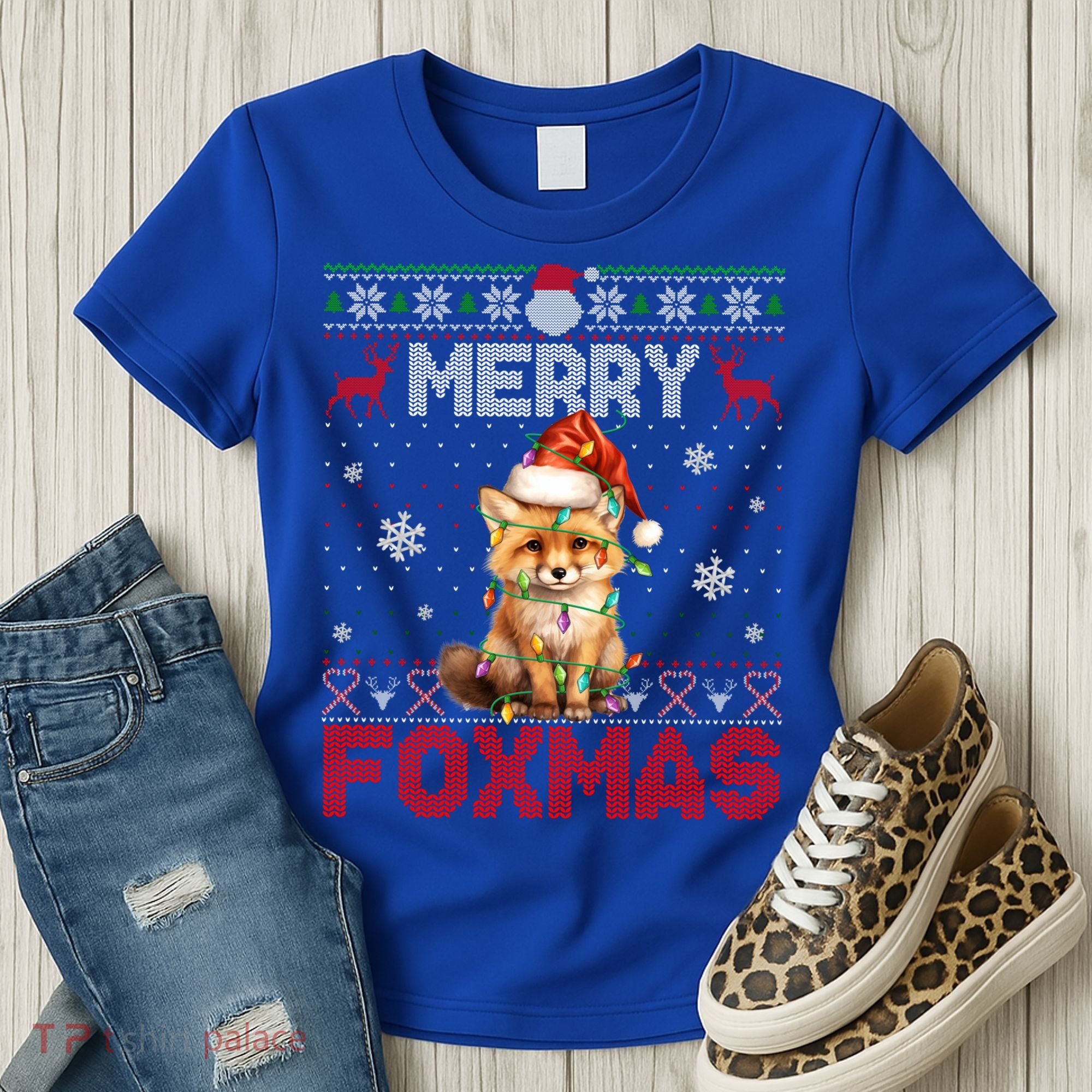Merry Foxmas Santa Fox Lights Fox Lovers Ugly Xmas Gift Women's T-Shirt