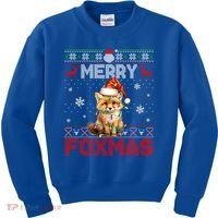 Merry Foxmas Santa Fox Lights Fox Lovers Ugly Xmas Gift Kids Sweatshirt thumb 0