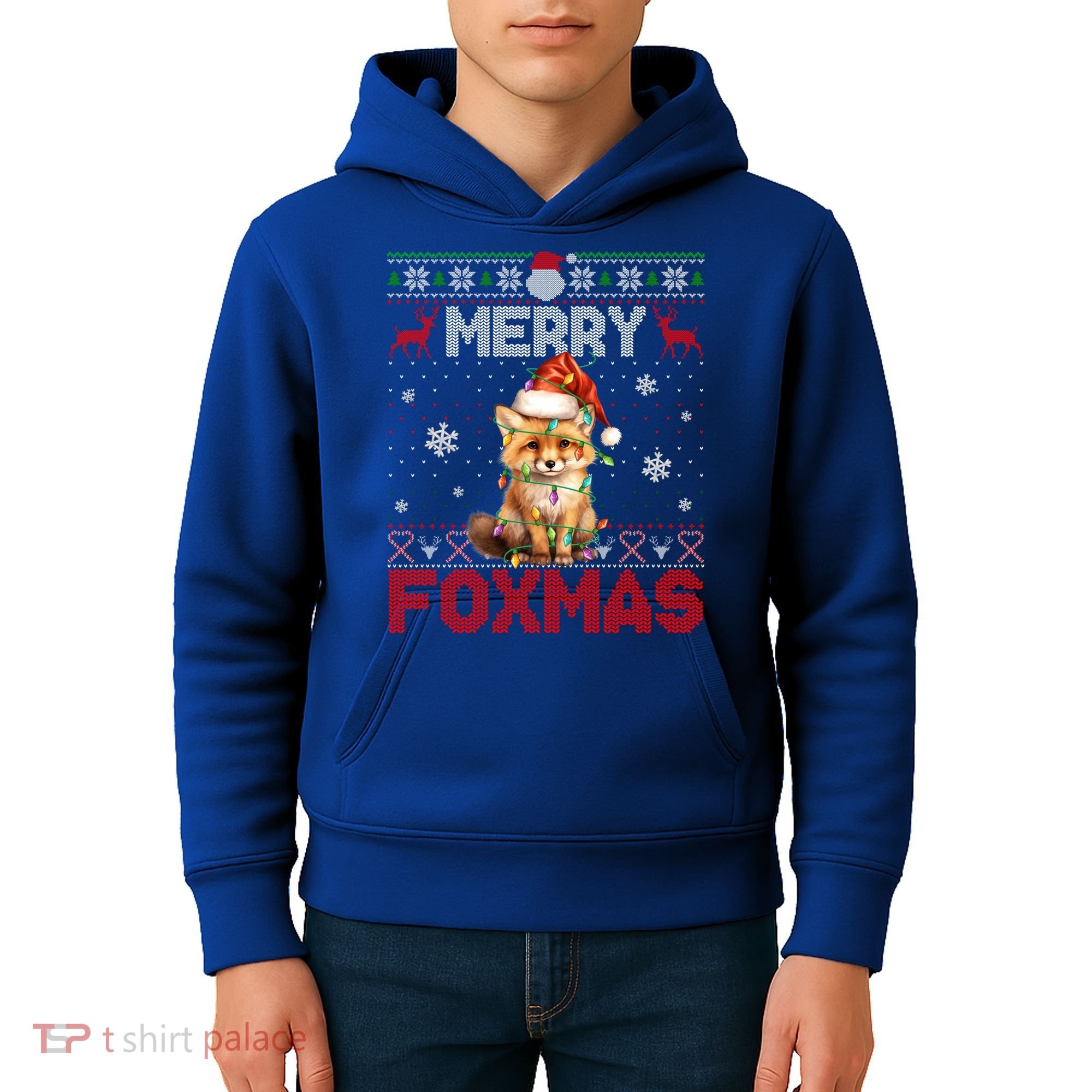 Merry Foxmas Santa Fox Lights Fox Lovers Ugly Xmas Gift Kids Hoodie