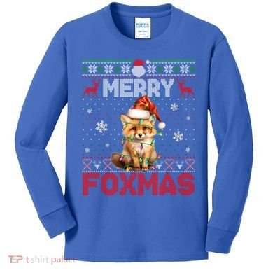 Merry Foxmas Santa Fox Lights Fox Lovers Ugly Xmas Gift Kids Long Sleeve Shirt