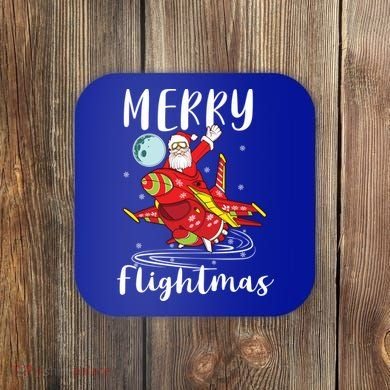 Merry Flightmas Santa Claus Pilot Flying Airplane Aviation Cool Gift Coaster