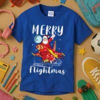 Merry Flightmas Santa Claus Pilot Flying Airplane Aviation Cool Gift Kids T-Shirt thumb 3