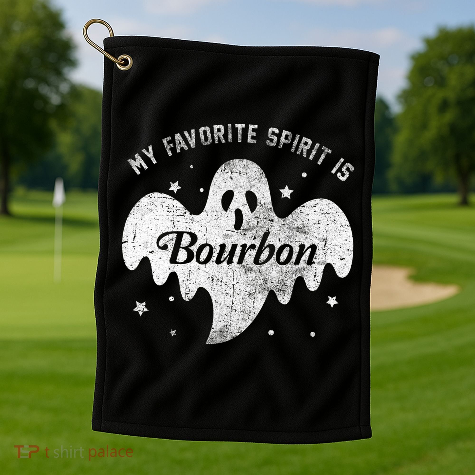 My Favorite Spirit Is Bourbon Funny Boo Ghost Halloween Golf Towel