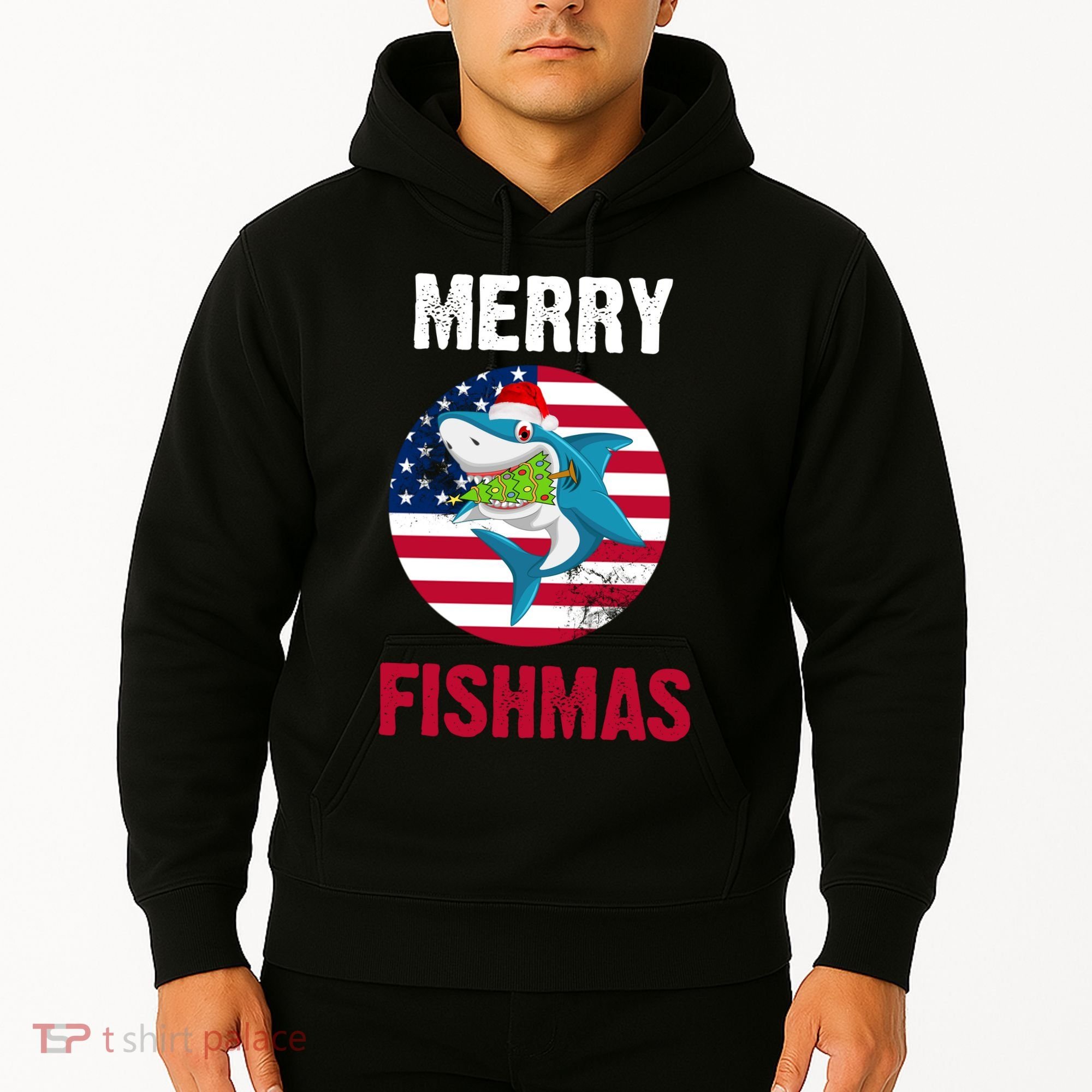 Merry Fishmas Shark America Christmas Hoodie