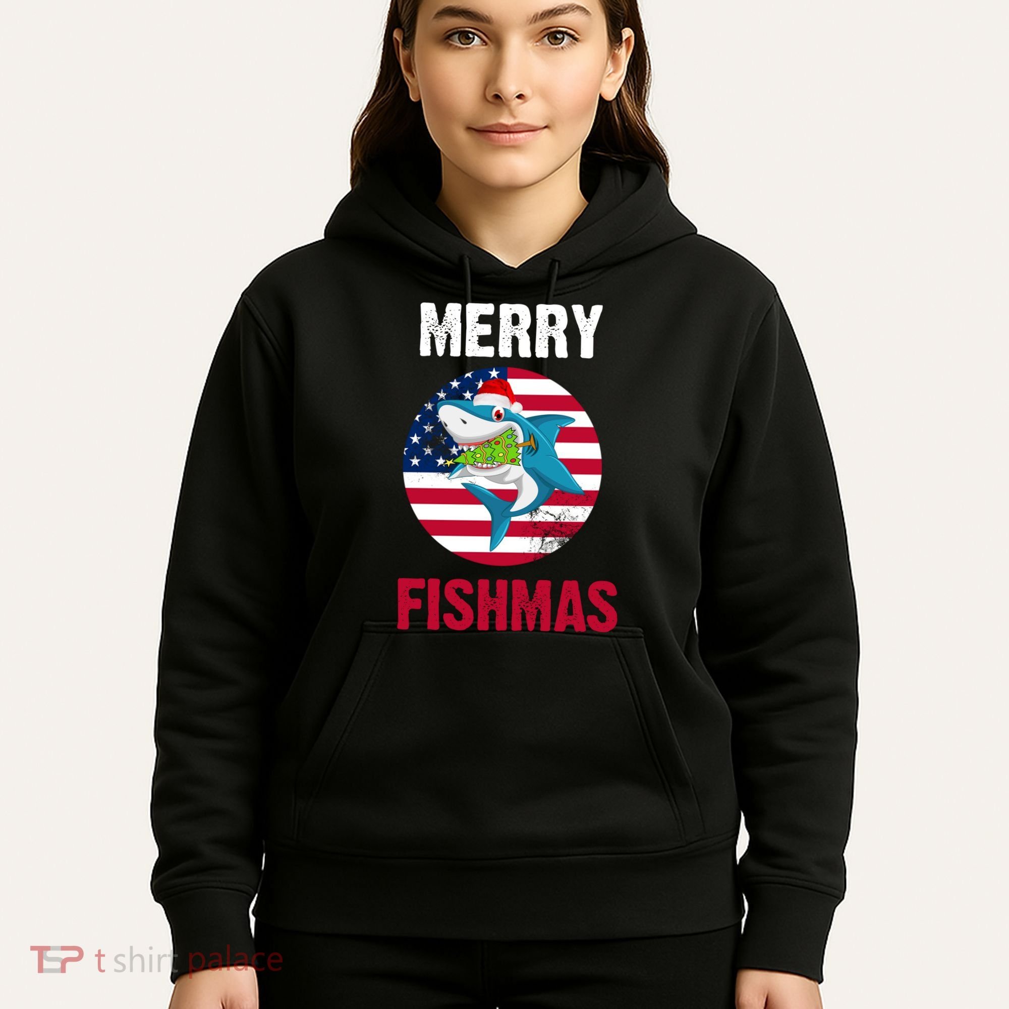 Merry Fishmas Shark America Christmas Hoodie