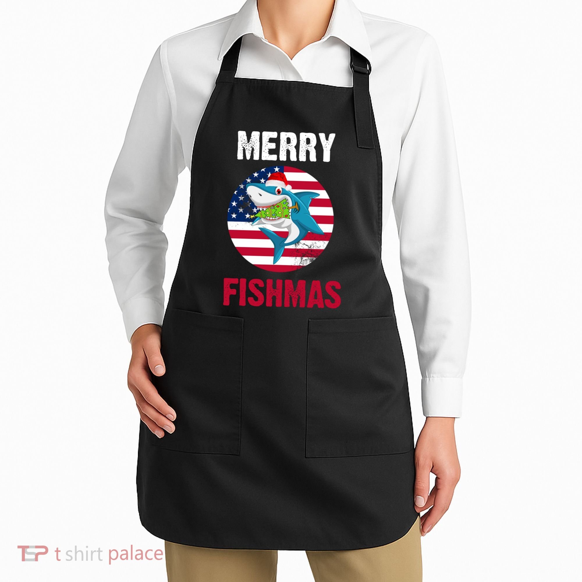 Merry Fishmas Shark America Christmas Apron