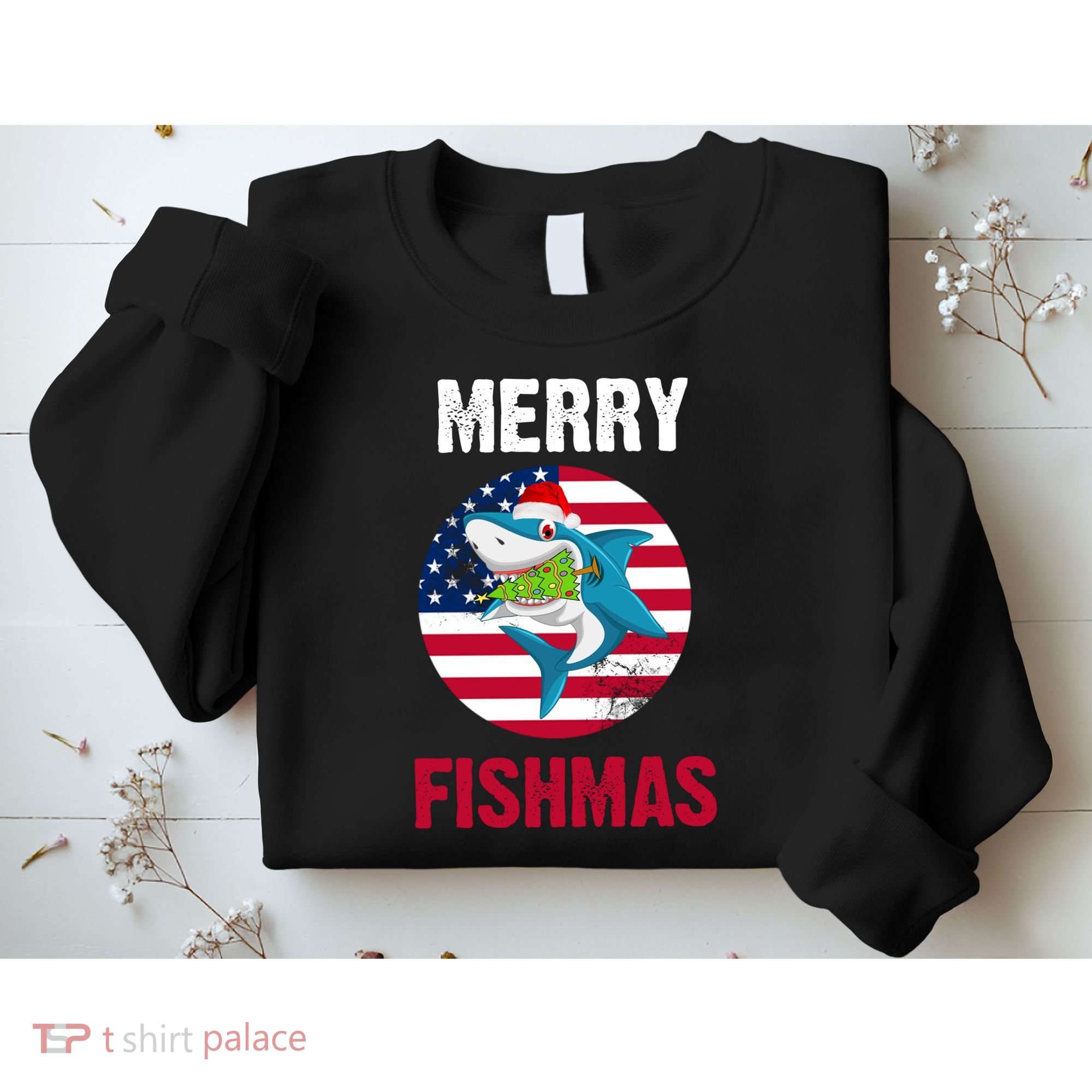 Merry Fishmas Shark America Christmas Sweatshirt