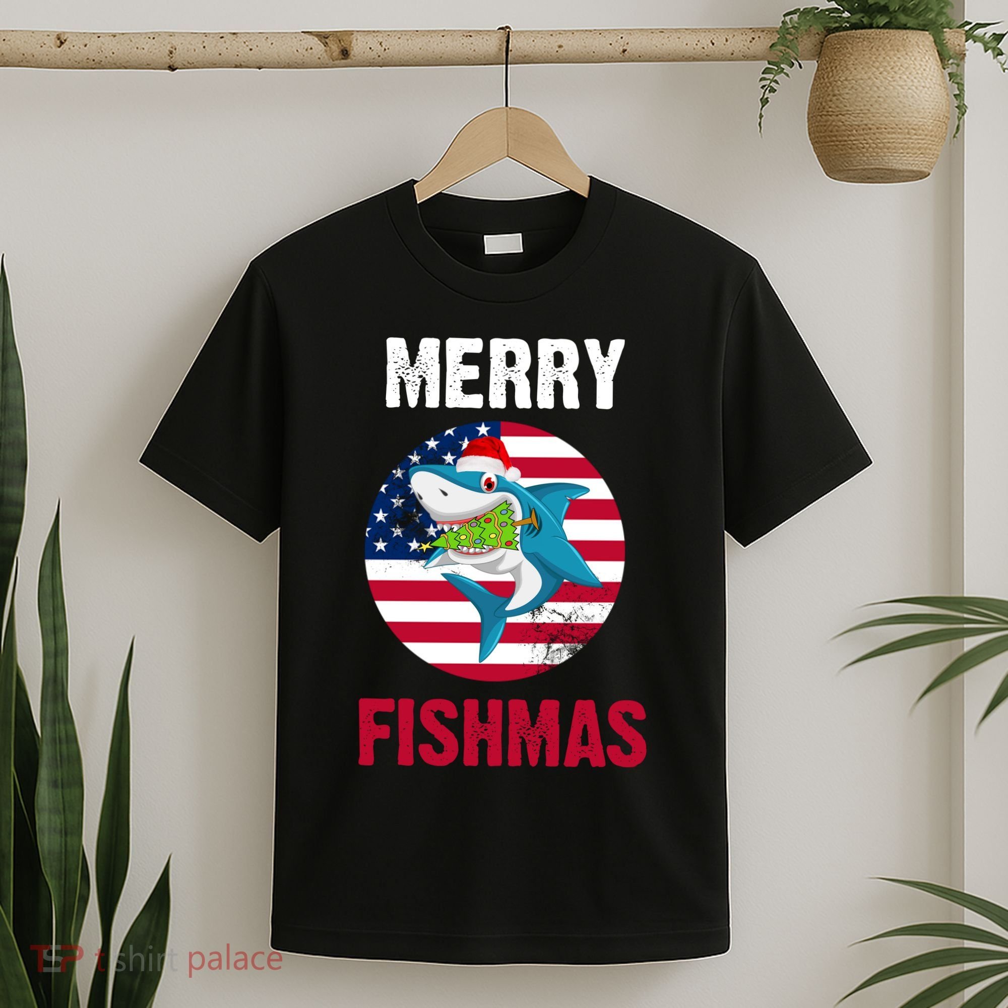 Merry Fishmas Shark America Christmas T-Shirt