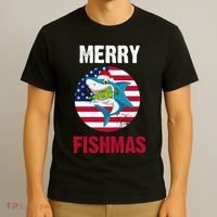 Merry Fishmas Shark America Christmas T-Shirt thumb 3