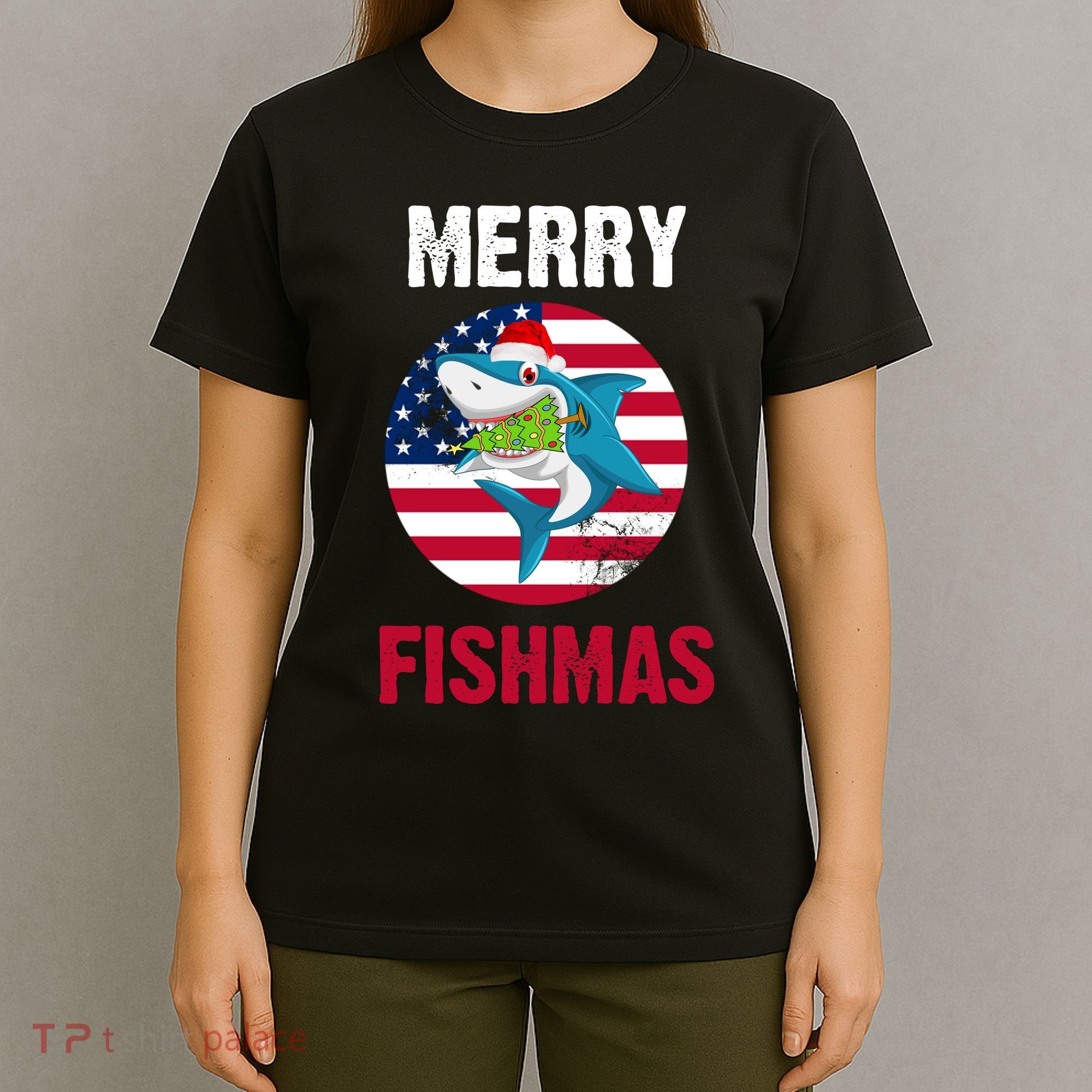 Merry Fishmas Shark America Christmas T-Shirt