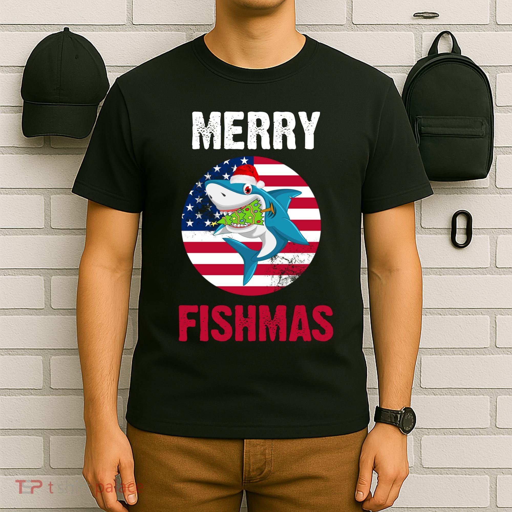 Merry Fishmas Shark America Christmas T-Shirt