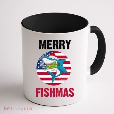 Merry Fishmas Shark America Christmas Coffee Mug back