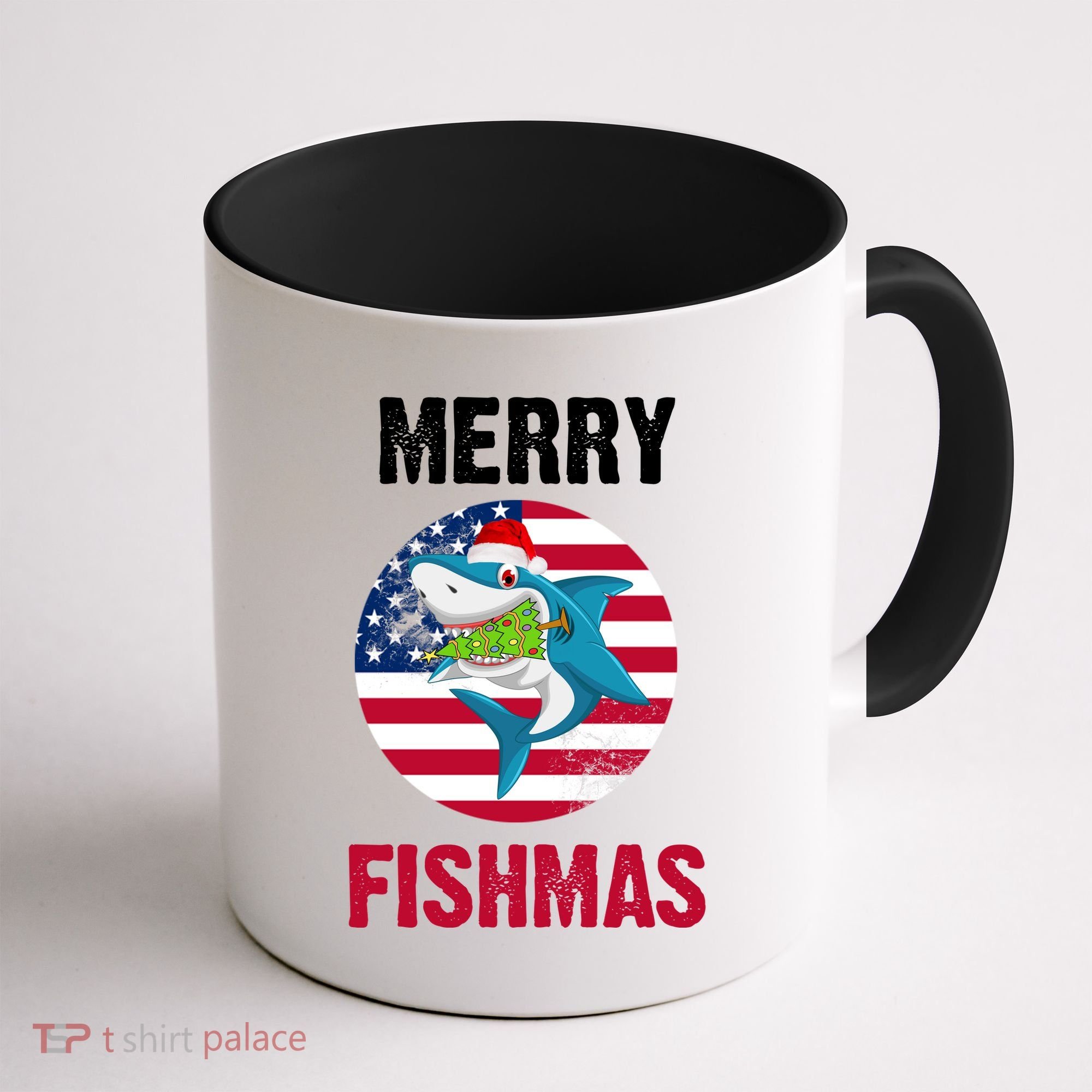 Merry Fishmas Shark America Christmas Coffee Mug