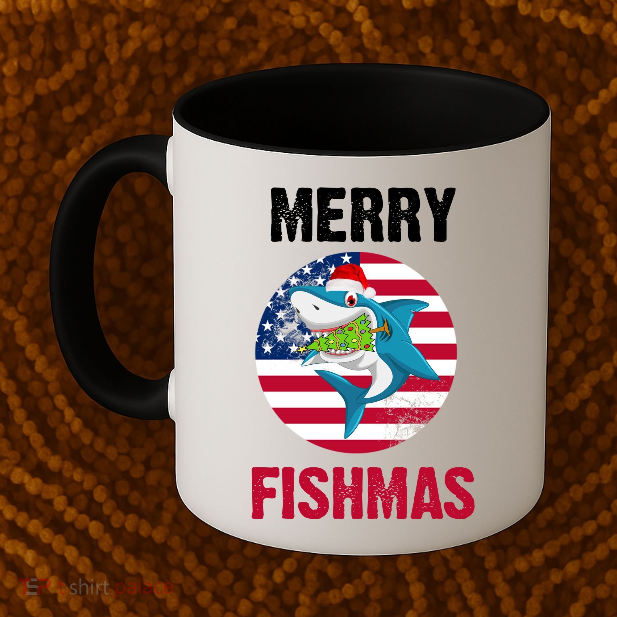 Merry Fishmas Shark America Christmas Coffee Mug