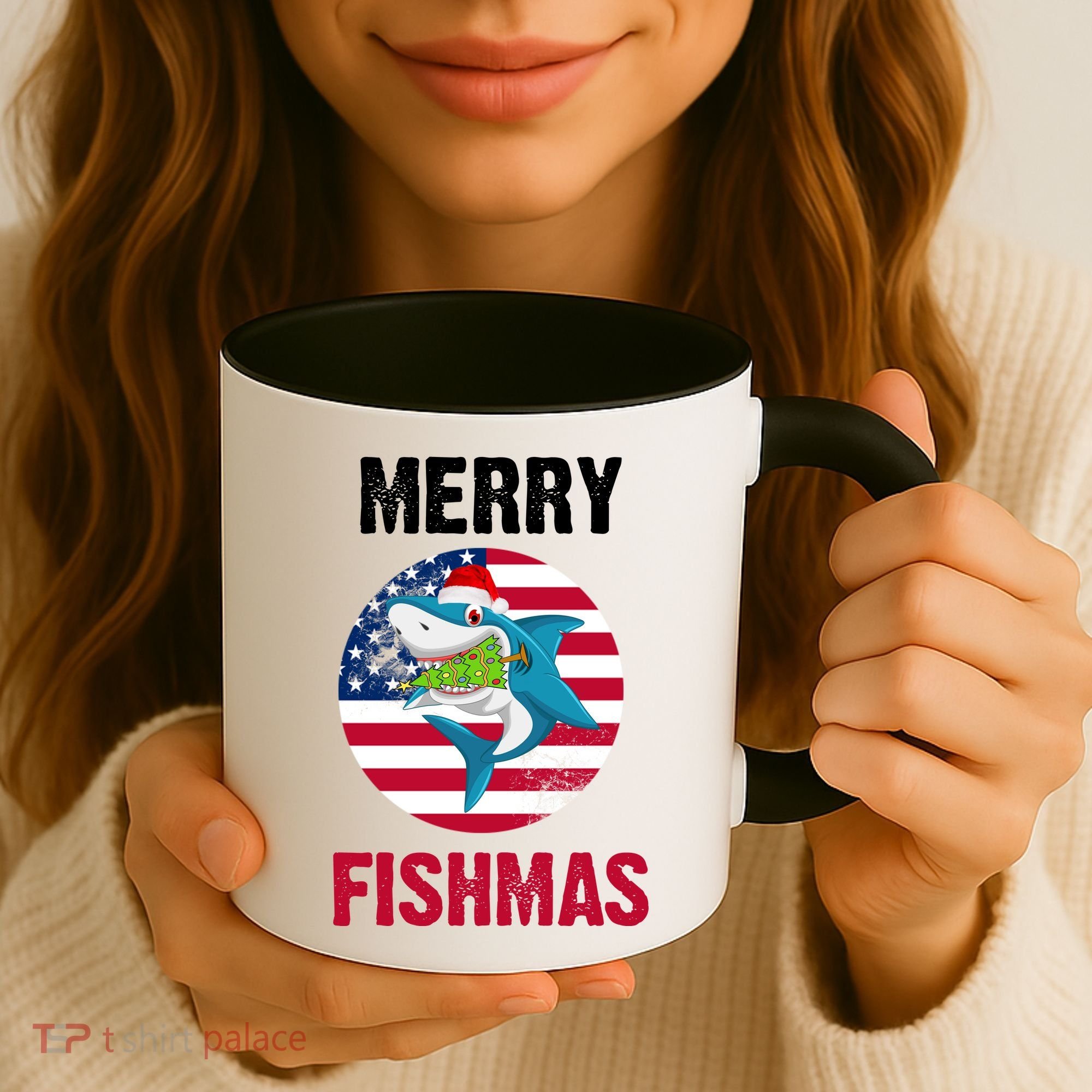 Merry Fishmas Shark America Christmas Coffee Mug