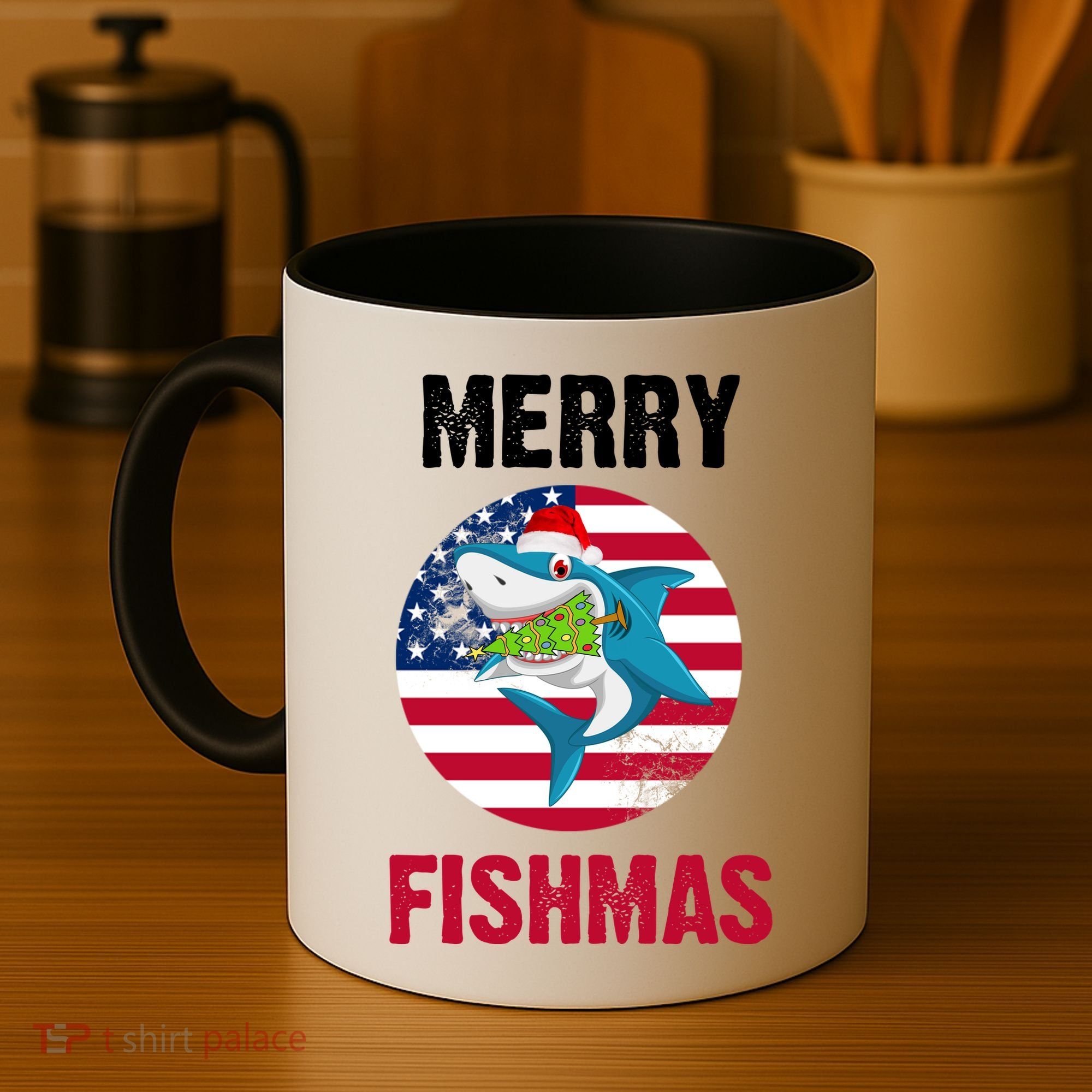 Merry Fishmas Shark America Christmas Coffee Mug