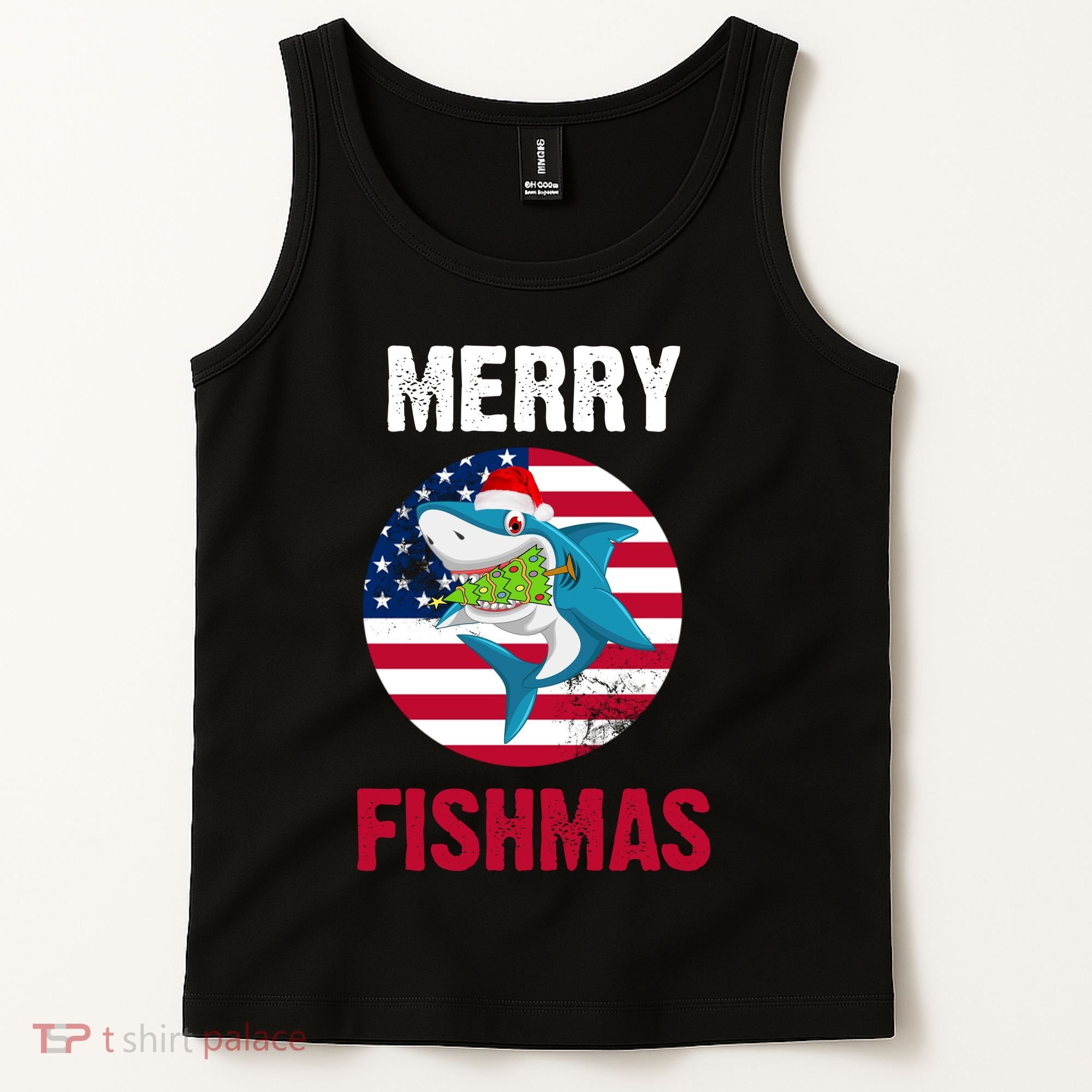 Merry Fishmas Shark America Christmas Tank Top