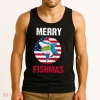 Merry Fishmas Shark America Christmas Tank Top thumb 3