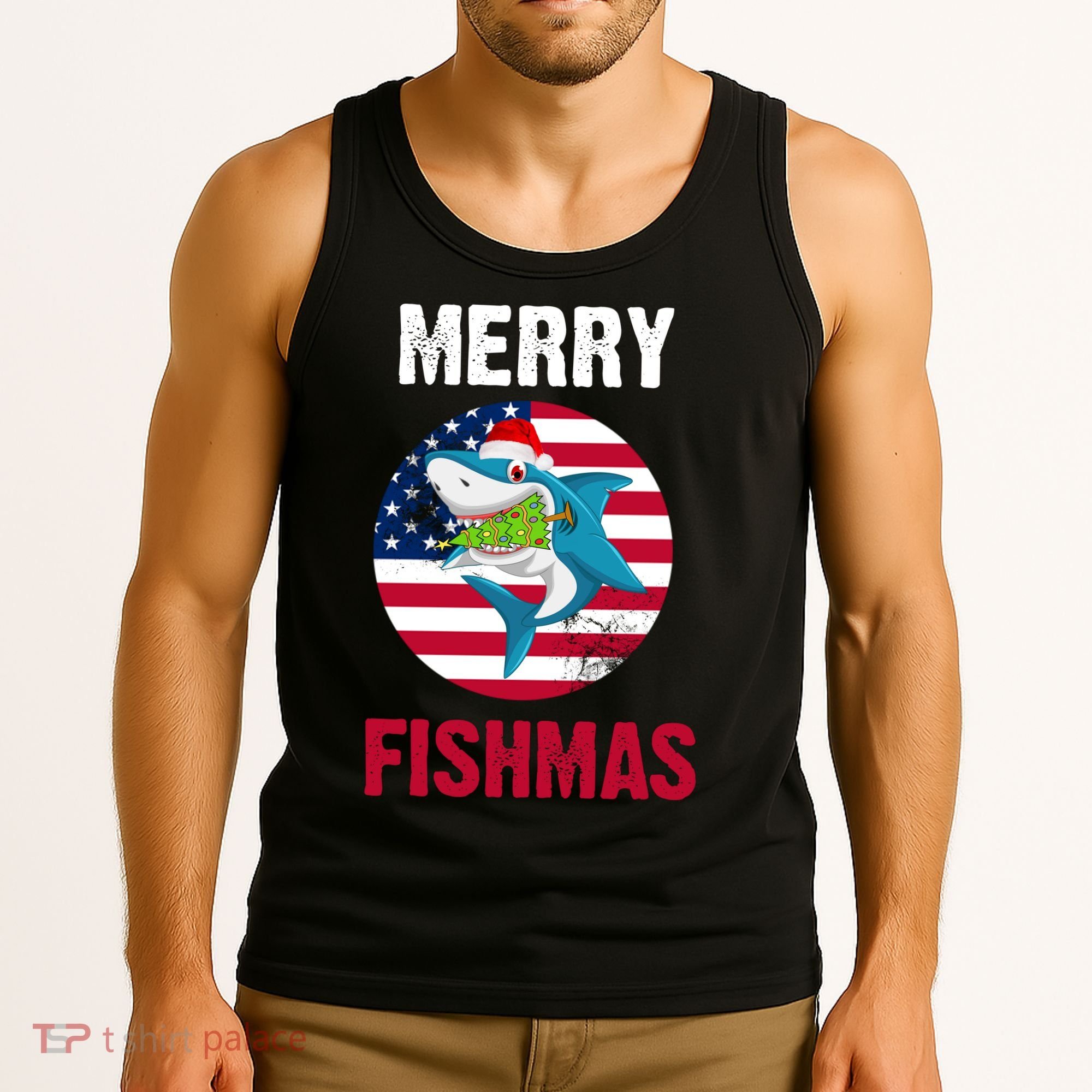 Merry Fishmas Shark America Christmas Tank Top