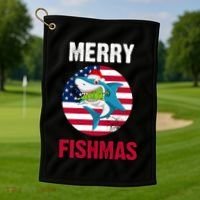 Merry Fishmas Shark America Christmas Golf Towel thumb 1