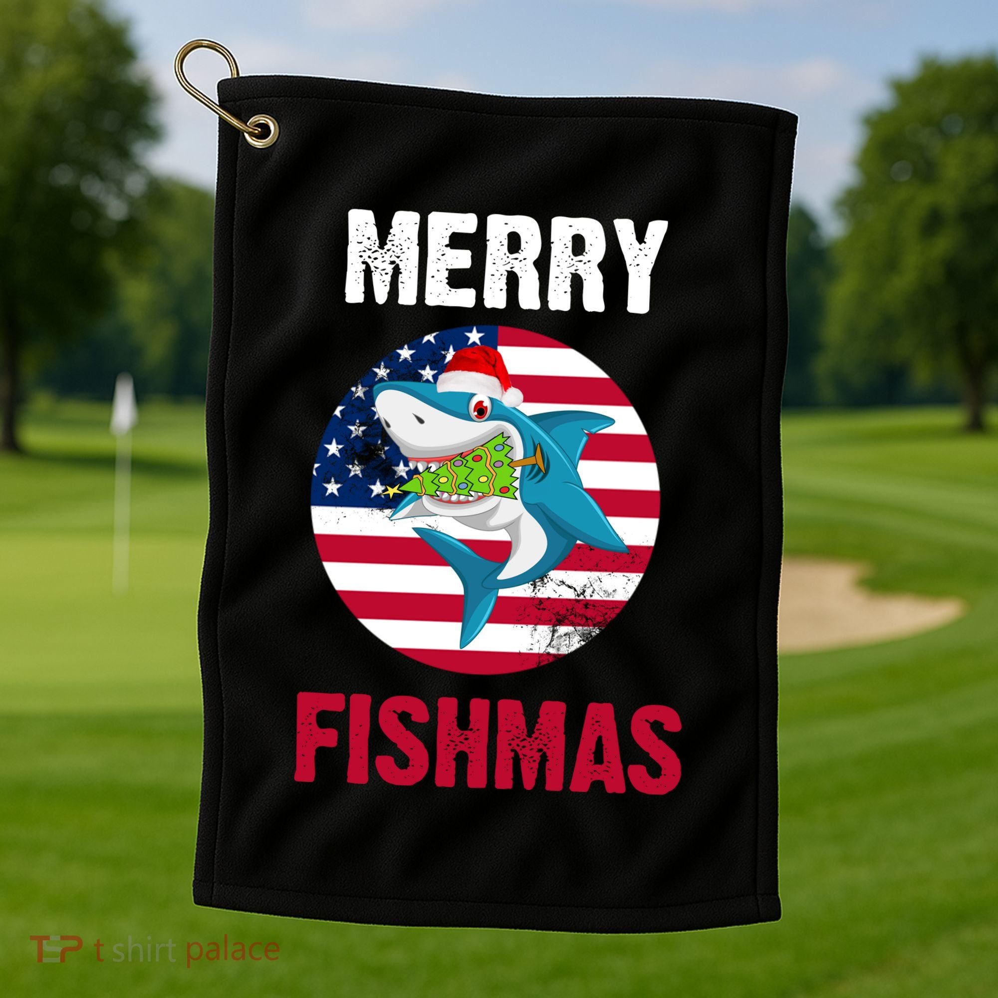 Merry Fishmas Shark America Christmas Golf Towel