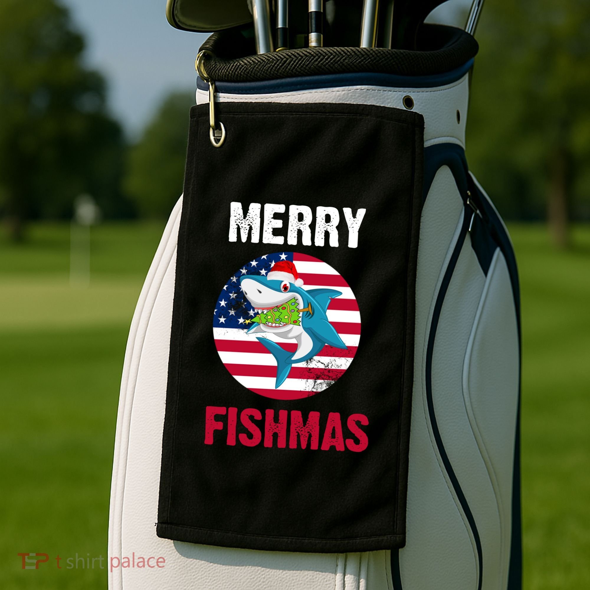 Merry Fishmas Shark America Christmas Golf Towel