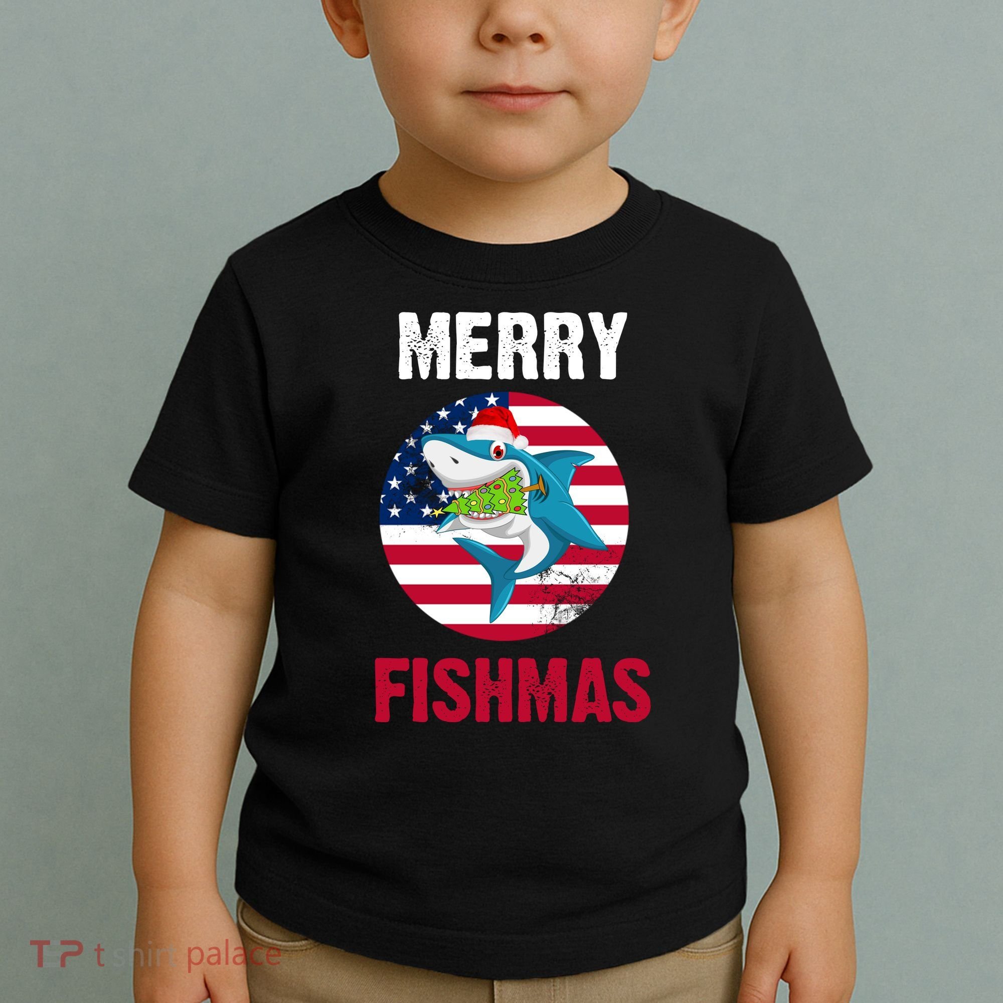 Merry Fishmas Shark America Christmas Toddler T-Shirt