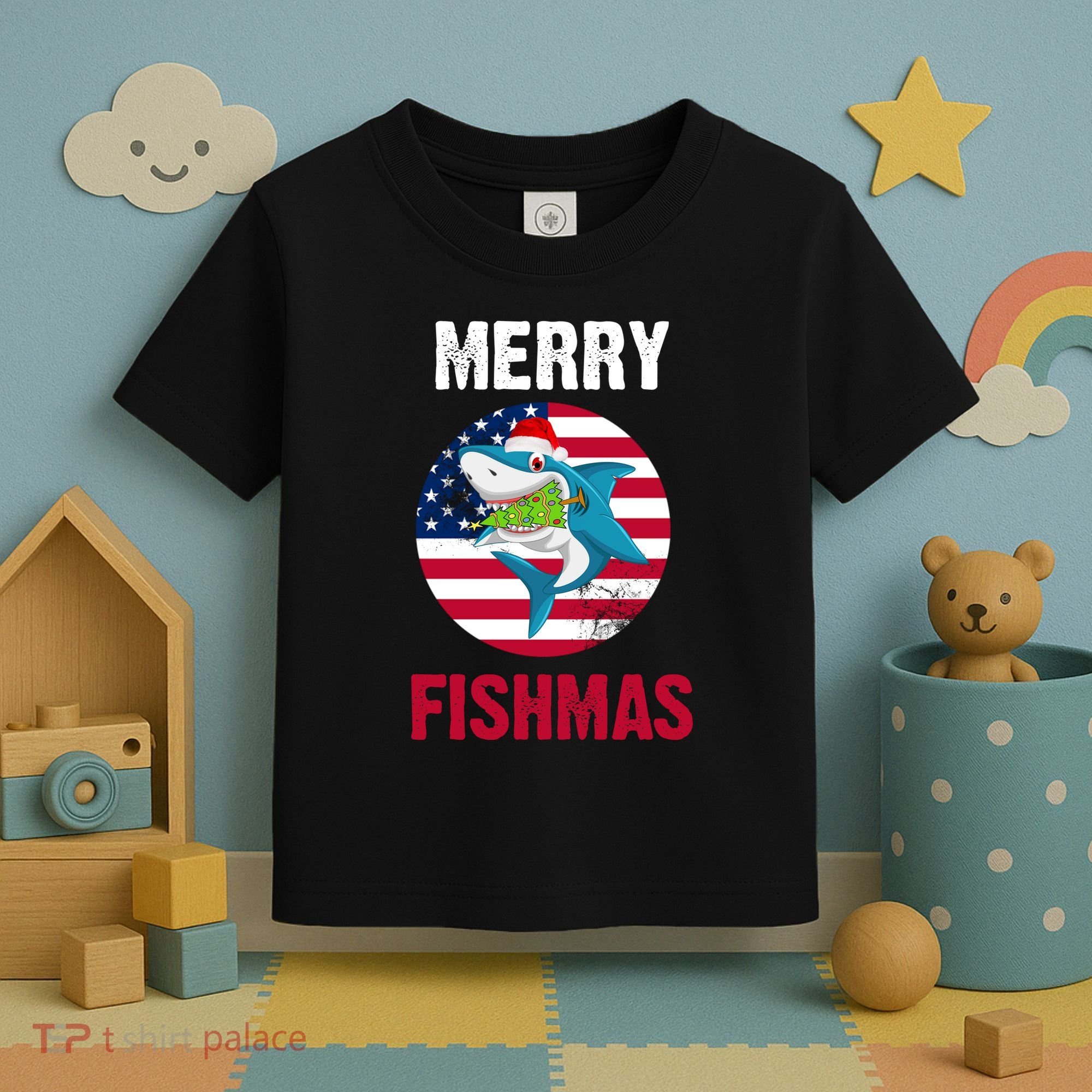 Merry Fishmas Shark America Christmas Toddler T-Shirt