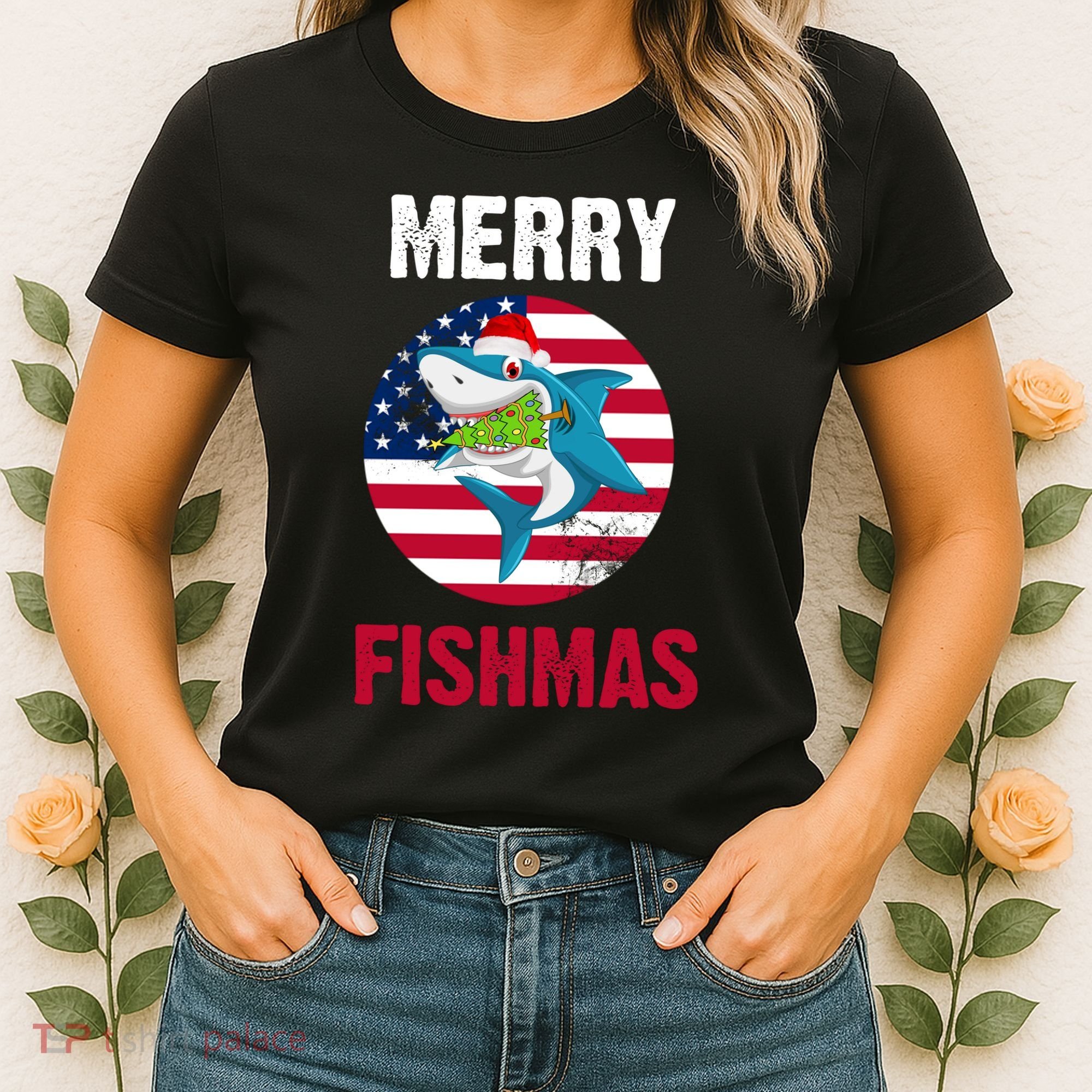 Merry Fishmas Shark America Christmas Women's T-Shirt