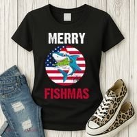 Merry Fishmas Shark America Christmas Women's T-Shirt thumb 3