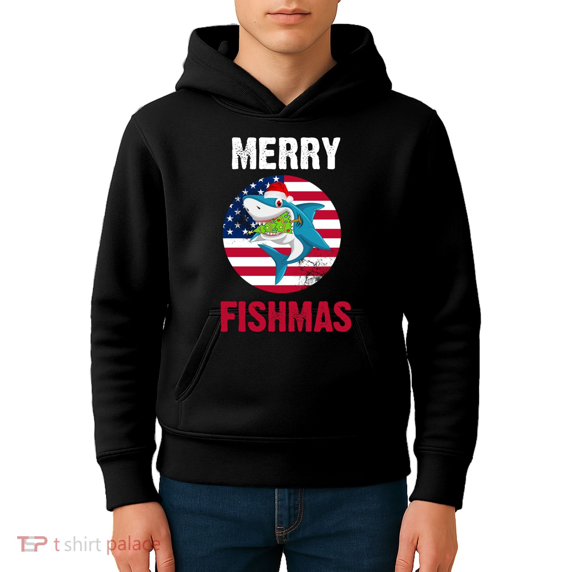 Merry Fishmas Shark America Christmas Kids Hoodie