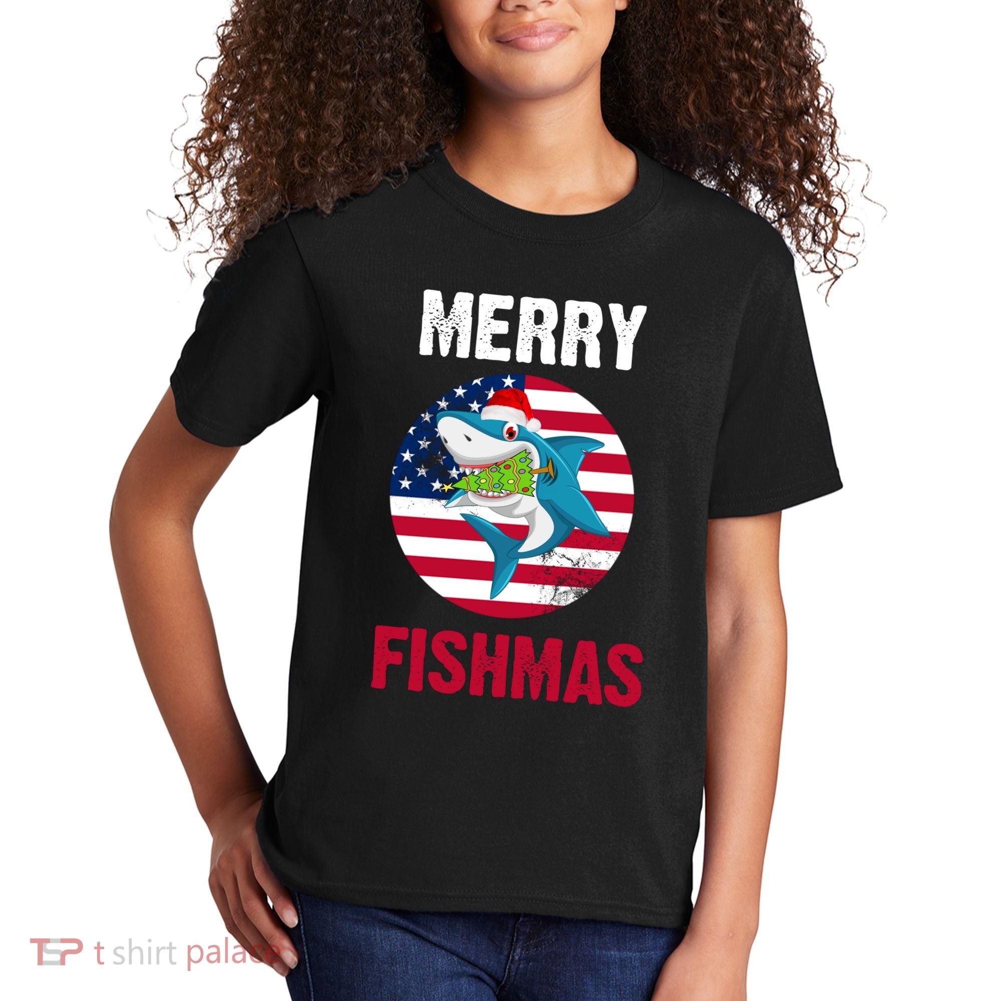 Merry Fishmas Shark America Christmas Kids T-Shirt