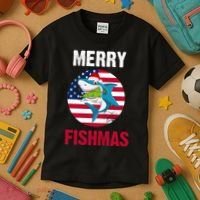 Merry Fishmas Shark America Christmas Kids T-Shirt thumb 3