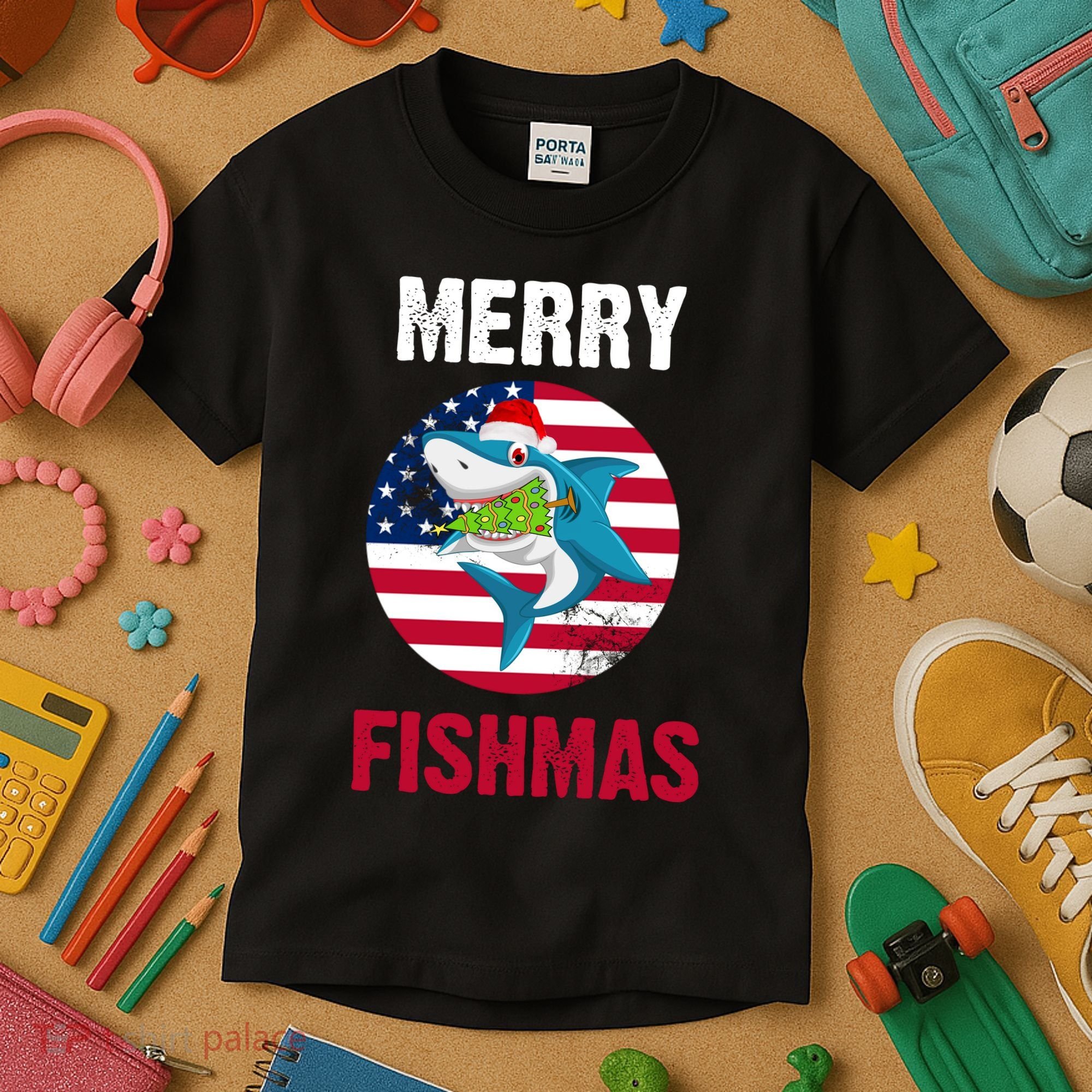 Merry Fishmas Shark America Christmas Kids T-Shirt