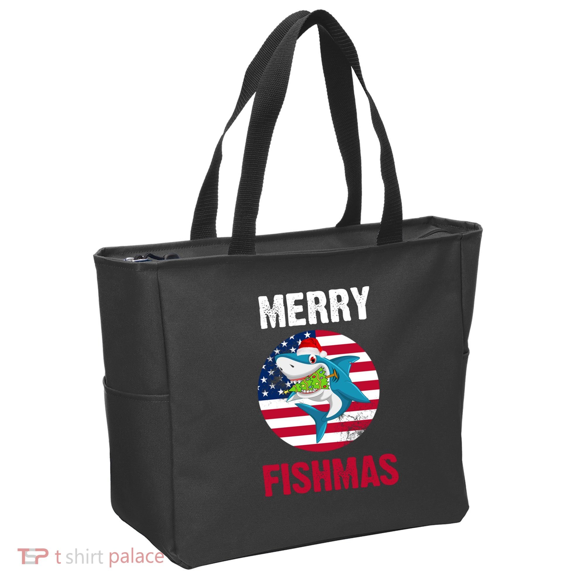 Merry Fishmas Shark America Christmas Tote Bag