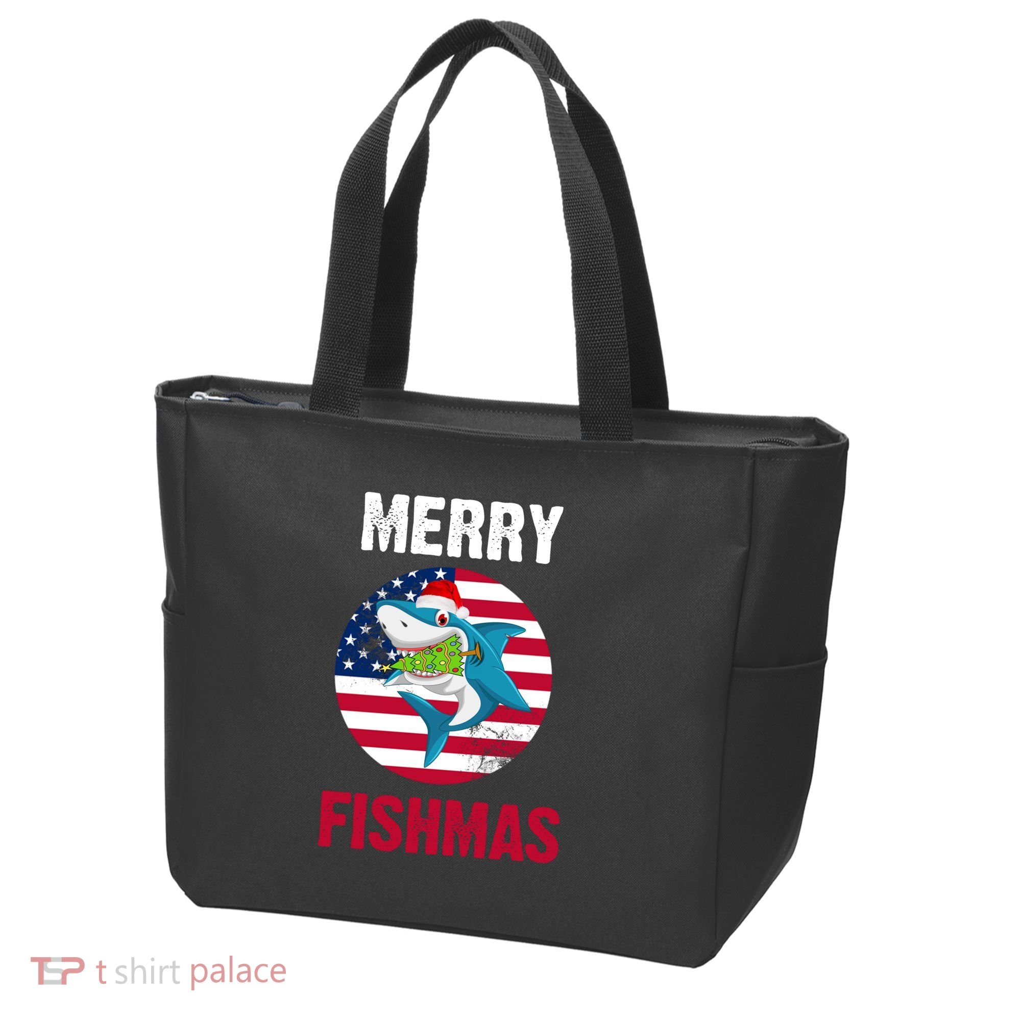 Merry Fishmas Shark America Christmas Tote Bag