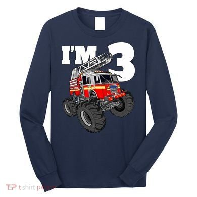 Monster Fire Truck 3rd Birthday Boy 3 Firefighter Long Sleeve Shirt
