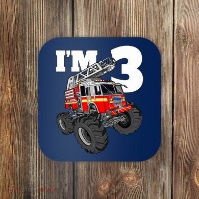 Monster Fire Truck 3rd Birthday Boy 3 Firefighter Coaster