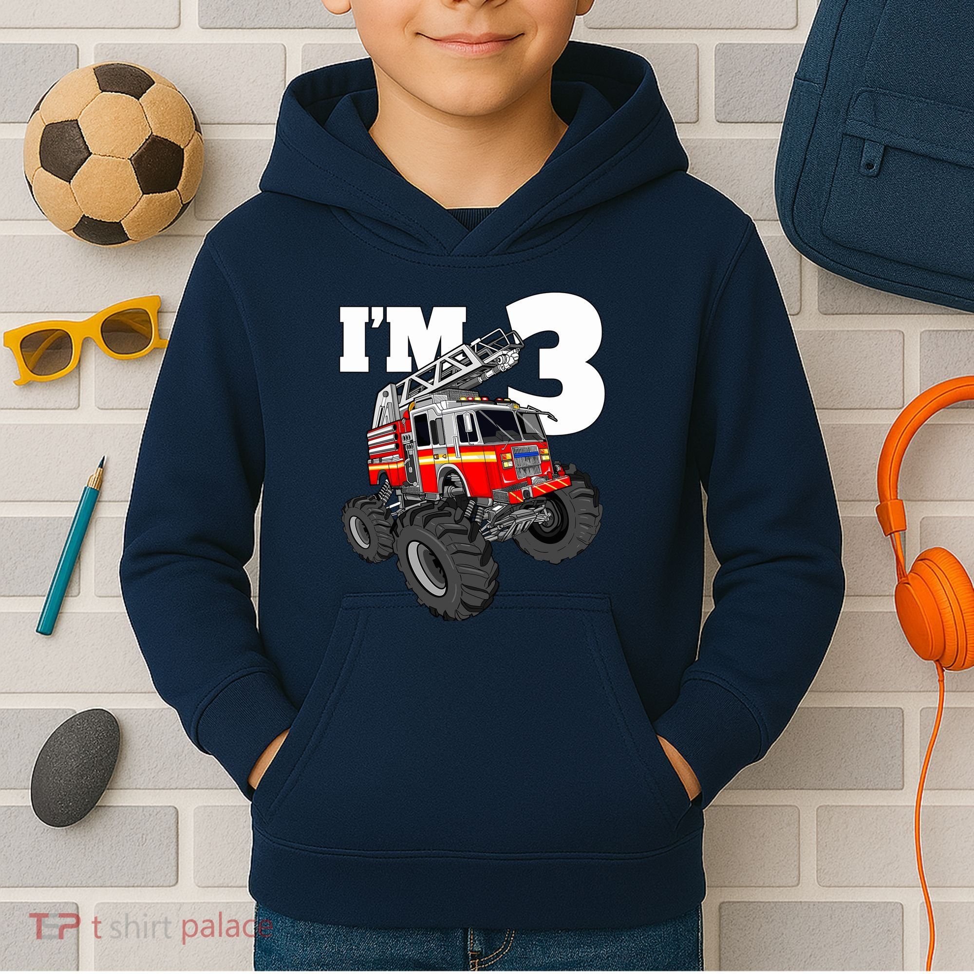 Monster Fire Truck 3rd Birthday Boy 3 Firefighter Kids Hoodie