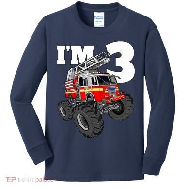 Monster Fire Truck 3rd Birthday Boy 3 Firefighter Kids Long Sleeve Shirt