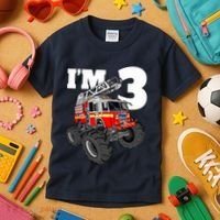 Monster Fire Truck 3rd Birthday Boy 3 Firefighter Kids T-Shirt thumb 3