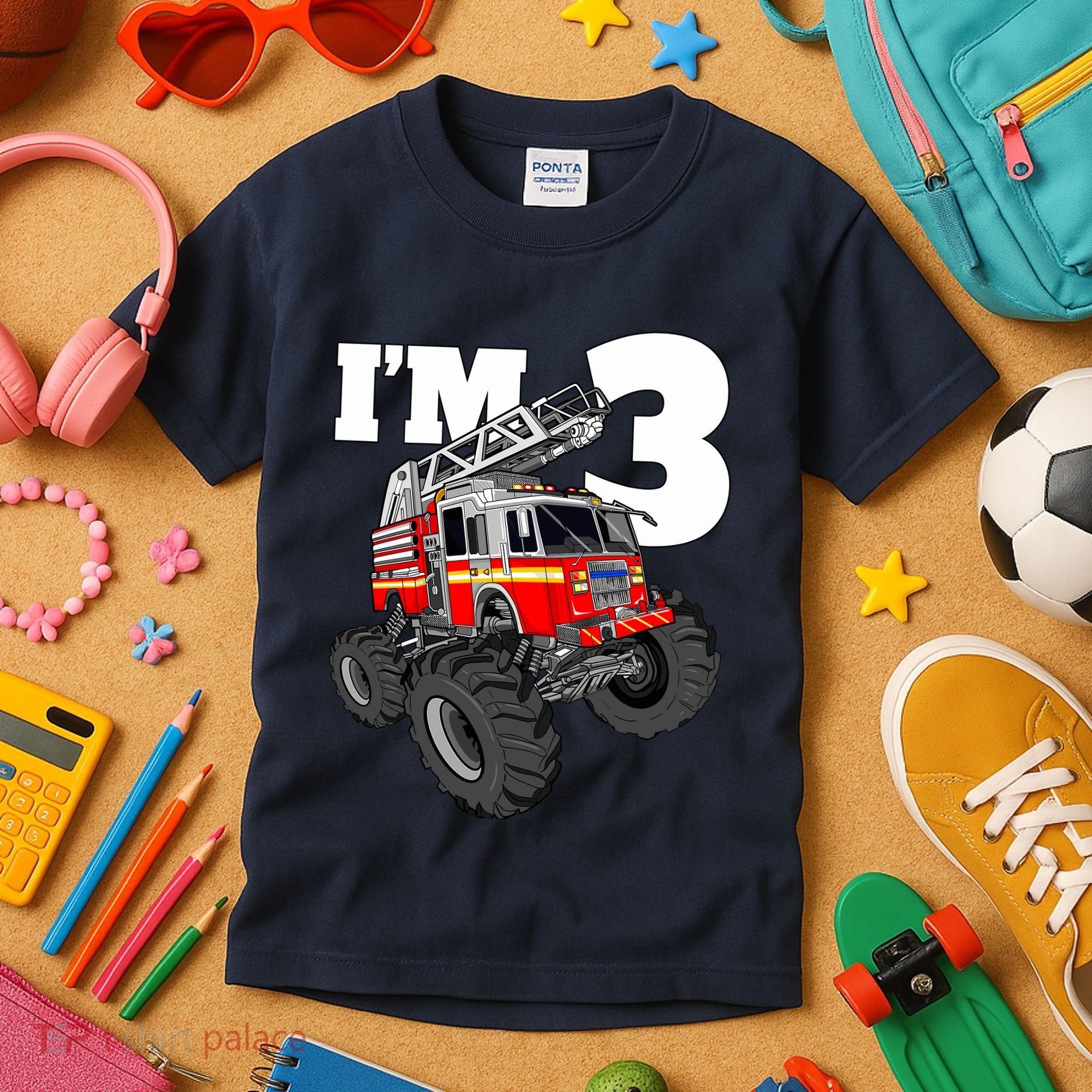 Monster Fire Truck 3rd Birthday Boy 3 Firefighter Kids T-Shirt