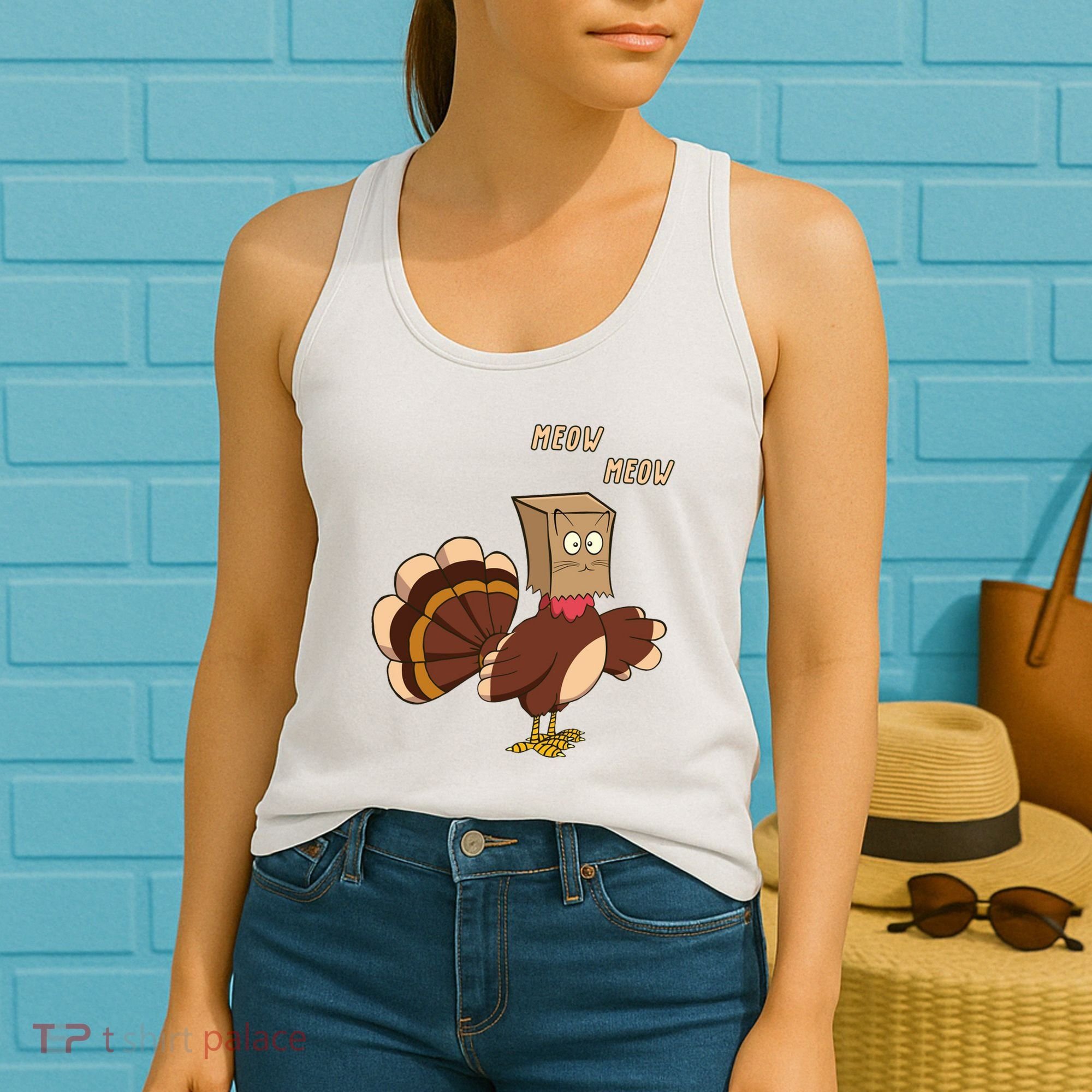 Meow Funny Thanksgiving Turkey Cat Lover Women's Tank Top