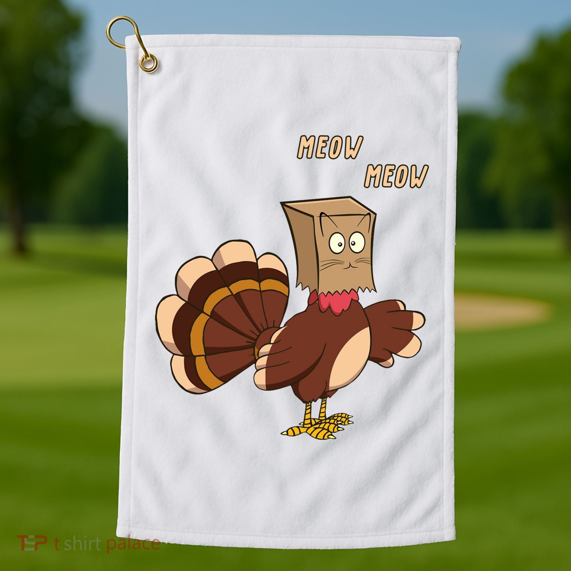 Meow Funny Thanksgiving Turkey Cat Lover Golf Towel