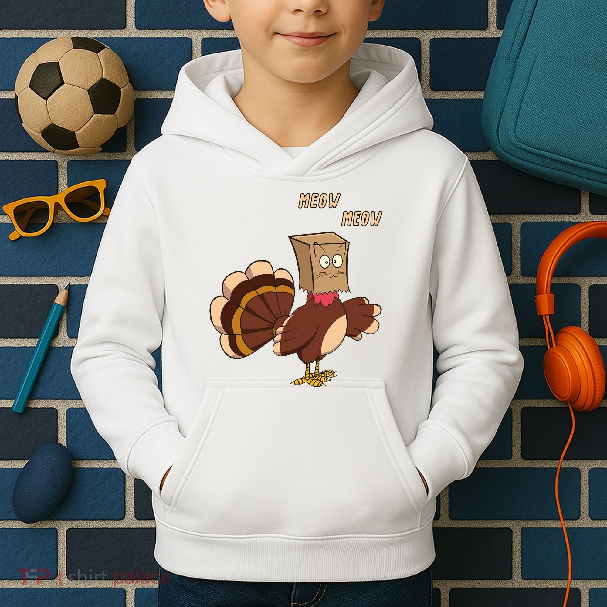 Meow Funny Thanksgiving Turkey Cat Lover Kids Hoodie