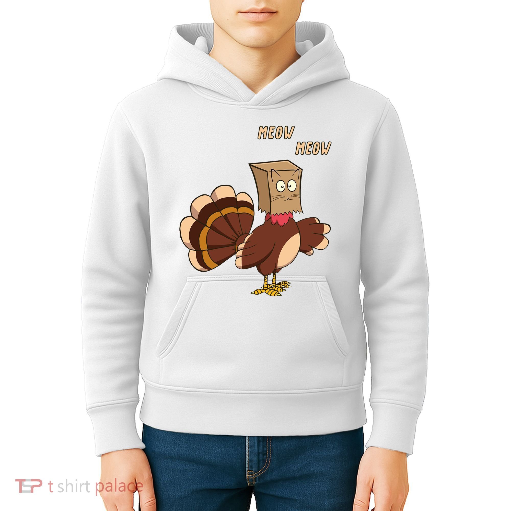 Meow Funny Thanksgiving Turkey Cat Lover Kids Hoodie