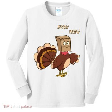 Meow Funny Thanksgiving Turkey Cat Lover Kids Long Sleeve Shirt