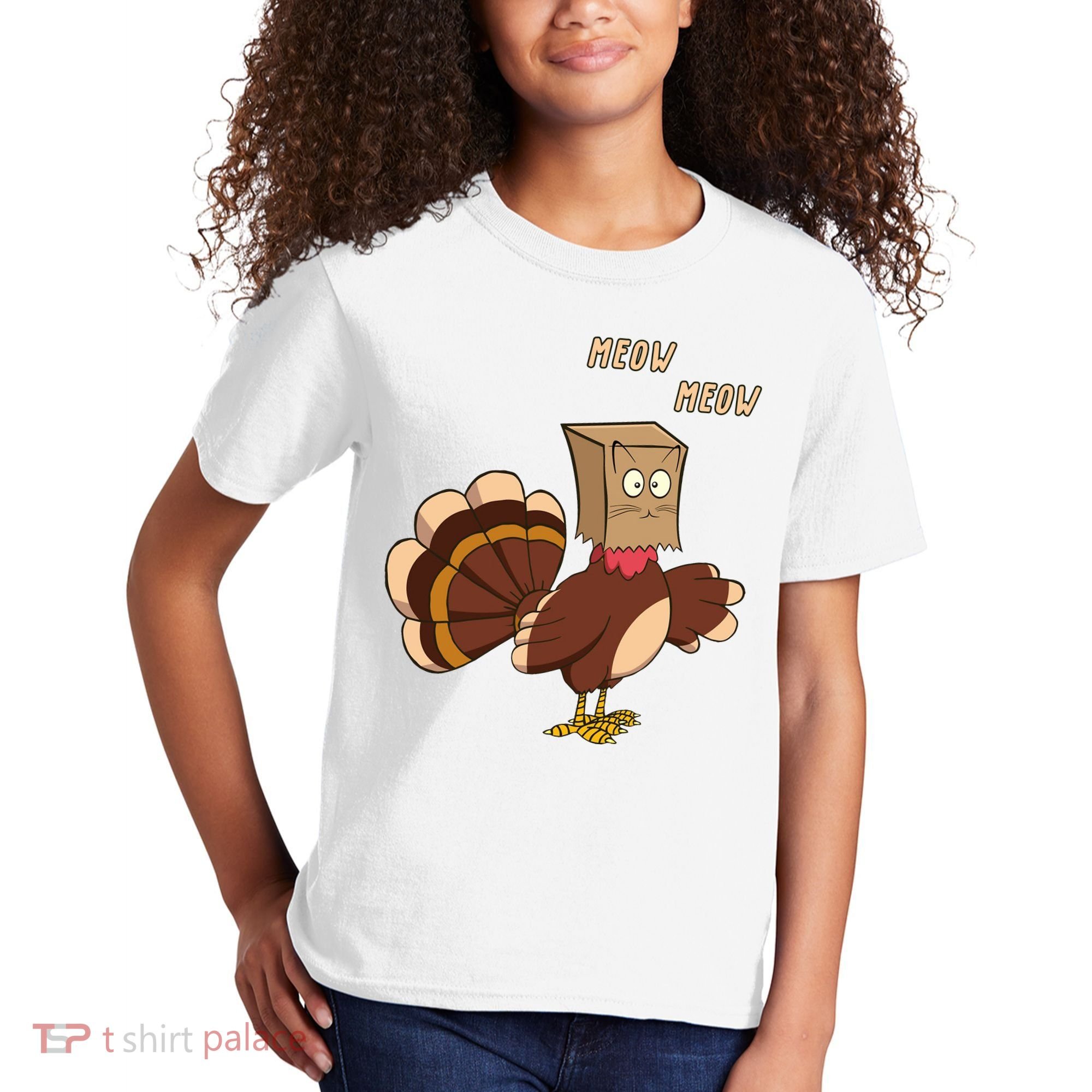 Meow Funny Thanksgiving Turkey Cat Lover Kids T-Shirt