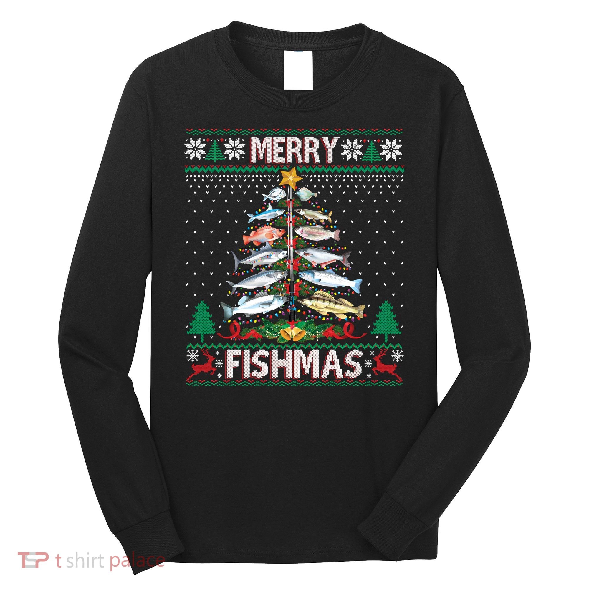 Merry Fishmas Ugly Sweater Fish Fishing Rod Christmas Tree Long Sleeve Shirt